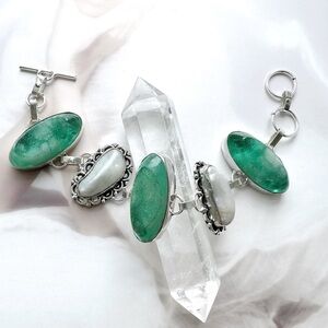 SILVER Green Titanium Druzy And Natural Biwa Freshwater Pearl Statement Bracelet